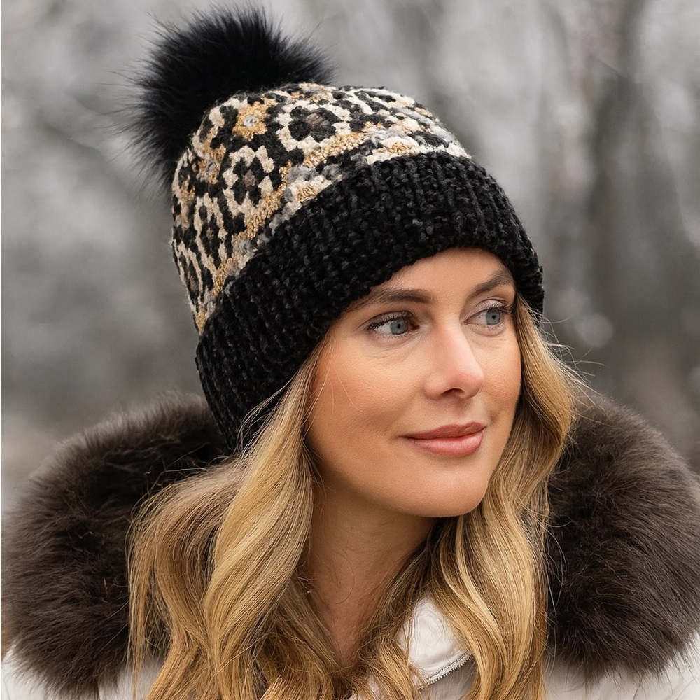 Free People Chalet Fairisle Pom Beanie, Black/Gold Metallic Combo, One Size - Picture 4 of 6
